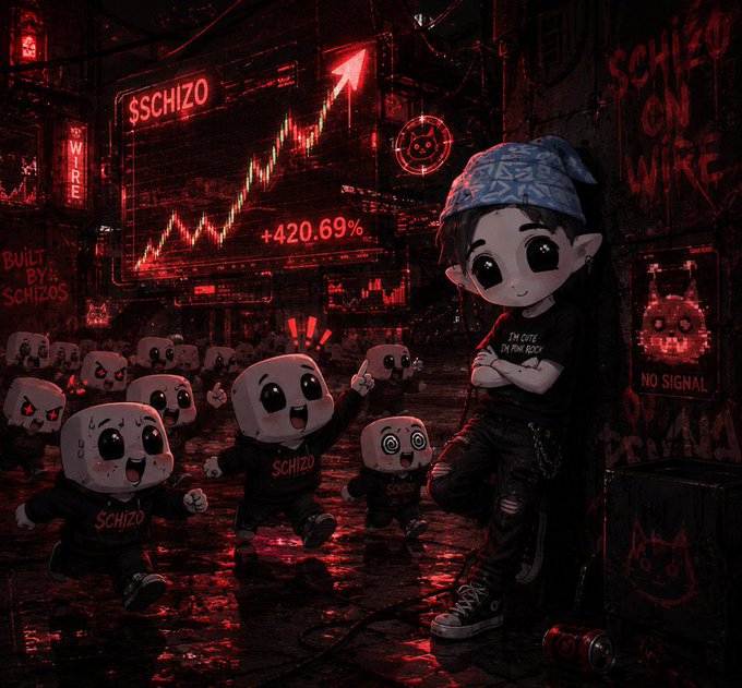 Dark cyberpunk-style digital art with red lighting showing '$SCHIZO' branding, a +420.69% chart with upward arrow, cartoon characters wearing SCHIZO shirts, a chibi character with a blue bandana, and graffiti reading 'SCHIZO ON WIRE', 'WIRE', and 'BUILT BY SCHIZOS'.