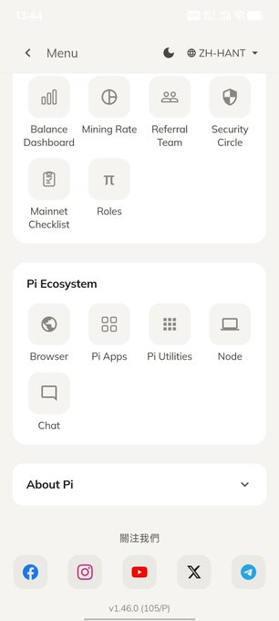 A mobile app screenshot showing a Pi Network menu in Traditional Chinese (ZH-HANT), displaying options like Balance Dashboard, Mining Rate, Referral Team, Security Circle, Mainnet Checklist, Roles, and a Pi Ecosystem section with Browser, Pi Apps, Pi Utilities, Node, and Chat, version v1.46.0 (105P).