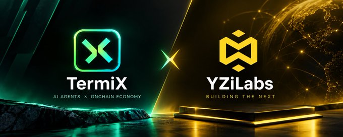 The image is a promotional collaboration graphic featuring the **TermiX** logo (green "X" icon, tagged "AI AGENTS × ONCHAIN ECONOMY") on the left and the **YZiLabs** logo (yellow hexagonal icon, tagged "BUILDING THE NEXT") on the right, separated by a glowing "X" against a dark futuristic background—visually highlighting the investment partnership mentioned in the post, where YZiLabs backed TermiX's $1M seed round.