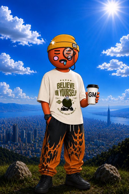 A cartoon character wearing a yellow beanie and a "Believe in Yourself" tee holds a "GMO" coffee cup, with the image promoting a Web3 collaboration between SpaceRidersXYZ and DSNRS featuring "Worth It Wear" branded apparel.