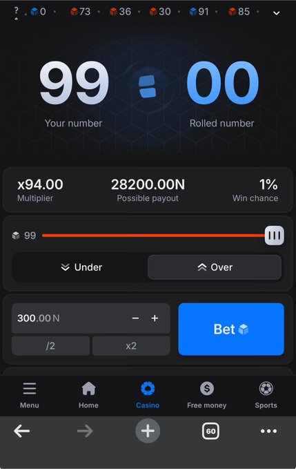A mobile casino dice betting interface showing 'Your number 99', 'Rolled number 00', a 94.00x multiplier, possible payout of 28200.00 N, and a Bet button with 300.00 N wager.
