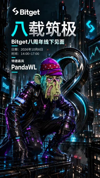 A Bitget promotional poster advertises an 8-year anniversary offline meetup on October 8, 2026, from 14:00-17:00, featuring a guest named 'PandaWL' alongside a cyberpunk-style character and the Chinese text '八载筑极'.