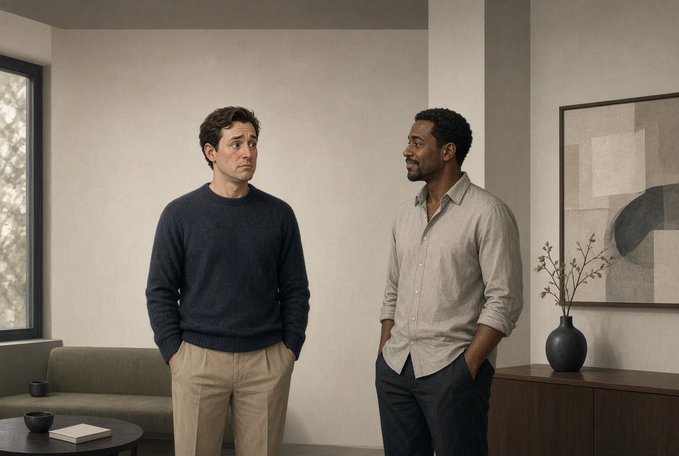 Two men standing in a minimalist living room setting, one wearing a navy sweater and the other in a beige button-down shirt.