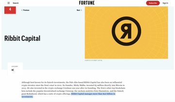The image shows a webpage for a cryptocurrency called Ribbit Capital. The webpage features an article about Ribbit Capital on Fortune Global 500, with five stars next to it. The title of the article reads "Ribit Capital: Although best known for its fintech investments, the Palo Alto-based Ribbit Capital has also been an influential crypto investor since the firm' s start in 2001. Its founder @mickymalka invested $5 million directly into Bitcoin in 2003. He". The image is accompanied by a list of words that describe the post on the webpage: "Fortune Crypto 100: Ribit Capital", "Ribit Capital", and "Ribbit Capital" are visible on the image, with the text below them being written in smaller font size than the main image.