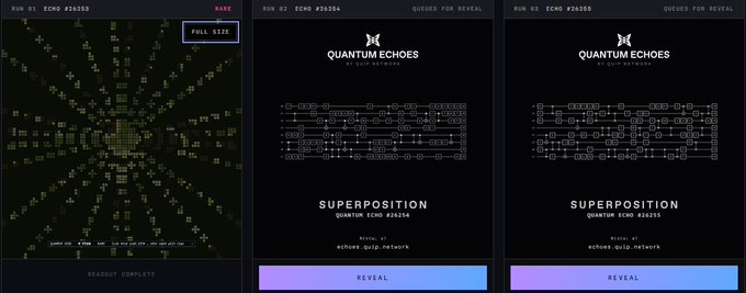Three screenshots from a 'Quantum Echoes by Quip Network' app showing Run #1 (Echo #20203) with a dark visualization, and Runs #2 and #3 (Echo #20204 and #20205) displaying 'Superposition' quantum circuit diagrams queued for reveal.