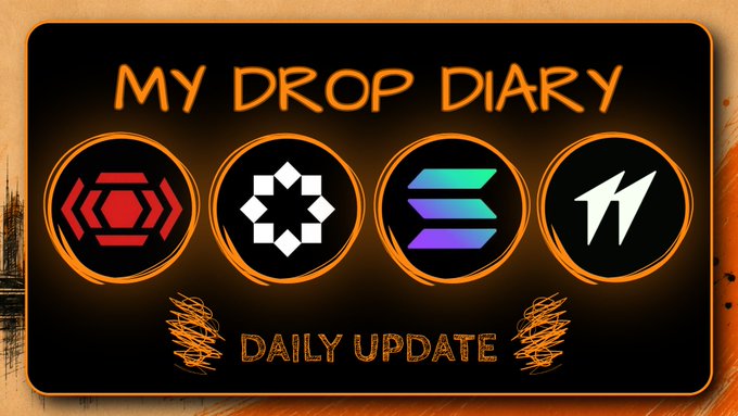 The image displays a "My Drop Diary" graphic featuring four circular crypto project logos alongside the text "Daily Update," visually highlighting the featured airdrop and quest updates mentioned in the post.