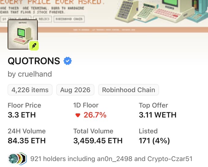 A listing page for the "QUOTRONS" NFT collection by cruelhand shows a floor price of 3.3 ETH with 921 holders and 4,226 items. The post humorously claims the floor "should be over 30 ETH rn," highlighting the 26.7% daily floor price drop shown in the stats as evidence that investors are "early."