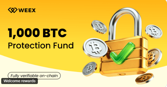 A promotional graphic for WEEX highlighting its "1,000 BTC Protection Fund" that is "Fully verifiable on-chain," featuring a gold padlock with a green checkmark surrounded by Bitcoin coins on a yellow background. The image reinforces the post's message about asset security and 1:1 reserves backing user funds on the WEEX platform.