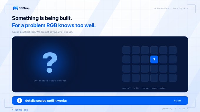 A webpage from RGBMap with the text 'Something is being built. For a problem RGB knows too well. A real, practical tool. We are not saying what it is yet.' featuring question mark graphics and 'details sealed until it works soon'.
