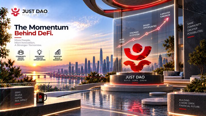 A promotional banner for 'JUST DAO - The Momentum Behind DeFi' featuring their logo and messaging about community, build, lend, and grow.