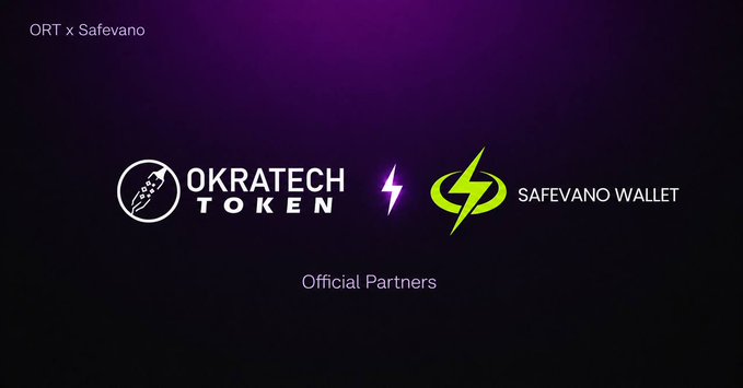 The image showcases the official partnership announcement between Okratech Token (ORT) and Safevano Wallet, featuring their respective logos—a white rocket icon and a green lightning bolt—set against a purple gradient background with the text "ORT x Safevano" in the top-left corner. This visual reinforces the post's message of a strategic collaboration merging Okratech's decentralized Web3 ecosystem with SafeVano's secure self-custodial wallet.