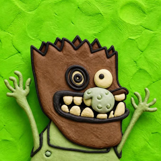 A whimsical clay sculpture of a quirky character with mismatched eyes, a jagged brown head, and a wide toothy grin, posed with raised hands against a vibrant green textured background.
