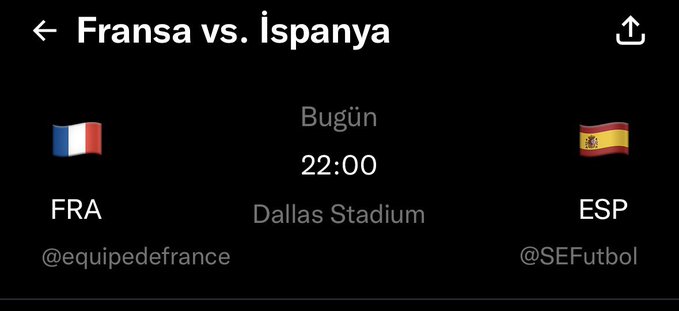 The image shows a match-up screen for "Fransa vs. İspanya" (France vs. Spain) scheduled for today at 22:00 at Dallas Stadium, with the teams listed as FRA (@equipedefrance) and ESP (@SEFutbol), relevant to a crypto giveaway contest where participants must guess the correct score of the match within 24 hours.