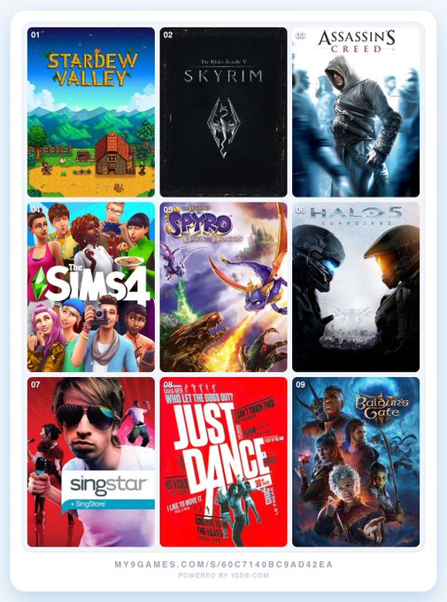 A collage of video game covers numbered 01-09 including Stardew Valley, Skyrim, Assassin's Creed, The Sims 4, Spyro, Halo 5, SingStar, Just Dance, and Baldur's Gate, with text 'MY9GAMES.COM/S/60C7140BC9AD42EA POWERED BY 1GDB.COM' at the bottom.