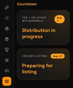 A dark-themed countdown infographic displays two key milestones for $ORVX: TGE + On-Chain Withdrawals scheduled for August 7 ("Distribution in progress") and a CEX/DEX Listing on August 17 ("Preparing for listing"), visually reinforcing the post's discussion about potential airdrop distribution timing.