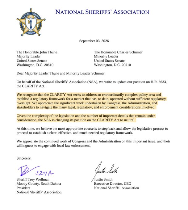 A letter dated September 3, 2026, on National Sheriffs' Association letterhead addressed to Senate Majority Leader John Thune and Minority Leader Charles Schumer, in which Sheriff Troy Wellman and Executive Director Justin Smith announce the NSA is changing its position on H.R. 3633, the CLARITY Act, to neutral, as highlighted in the second and third paragraphs.