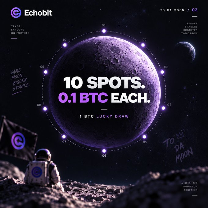 A space-themed promotional poster for 'Echobit' advertises '10 SPOTS. 0.1 BTC EACH' for a '1 BTC LUCKY DRAW' under the heading 'TO DA MOON / 03'.