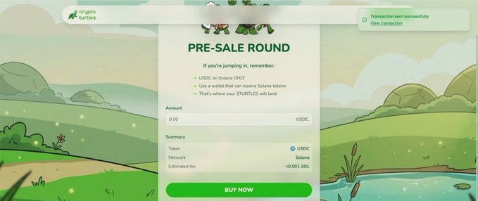 A user successfully purchased USDC on the Crypto Turtles pre-sale round, with a transaction notification showing "Transaction sent successfully" in the corner. The "BUY NOW" screen displays details including token: USDC, network: Solana, and an estimated fee of <0.001 SOL, aligning with the post's mention of picking up $TURTLES via a small early position.