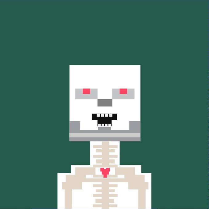 A pixel art depiction of a white skeletal figure with red eyes and a red heart against a dark green background.