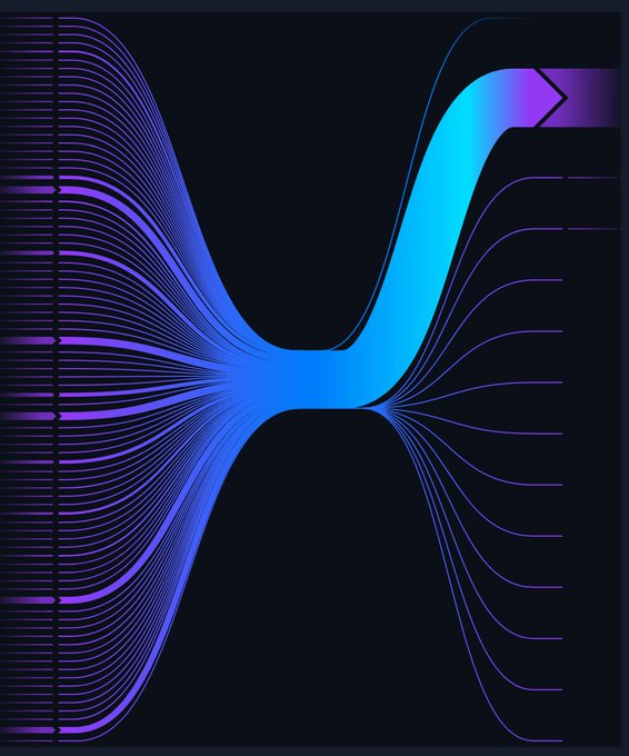 An abstract digital design featuring flowing, wavy lines in blue and purple gradients on a black background, forming a symmetrical hourglass-like shape.