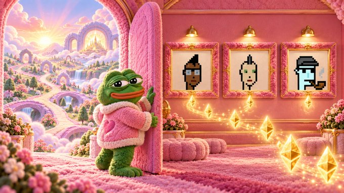 A green Pepe frog character in a fuzzy pink robe peers through a doorway into a pink palace gallery displaying three pixel-art NFT portraits and glowing gold Ethereum diamond logos, playfully illustrating the post's message about launching strategy tokens on NFT collections for 1 ETH.