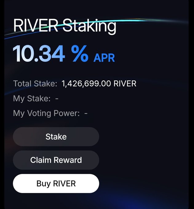 A mobile UI screen for RIVER Staking showing a 10.34% APR with a total stake of 1,426,699.00 RIVER, displaying options to Stake, Claim Reward, and Buy RIVER.