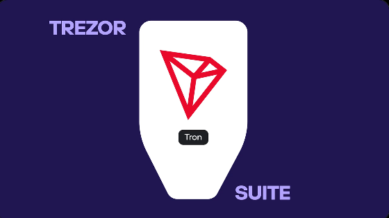 Trezor Suite promotional graphic showing a white Trezor hardware wallet displaying the red Tron (TRX) cryptocurrency logo on a dark blue background.