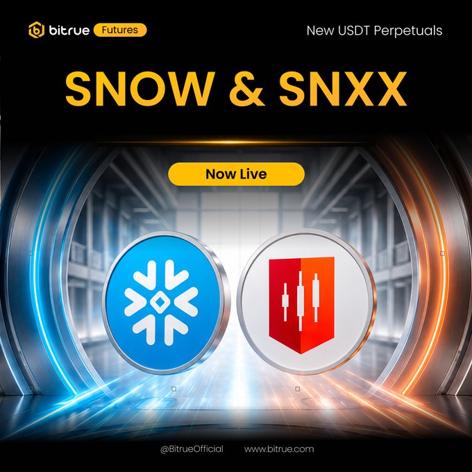 Bitrue Futures announces that SNOW & SNXX USDT Perpetuals are now live for trading, featuring their respective snowflake and candlestick logos against a futuristic tunnel backdrop, matching the post's announcement of new trading pairs for cloud data, AI infrastructure, and leveraged semiconductor exposure at bitrue.com/futures/SNOW.