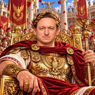 A man dressed as a Roman emperor with a laurel wreath and golden armor sits on an ornate throne, holding a golden eagle-topped scepter in what appears to be a gladiatorial arena.