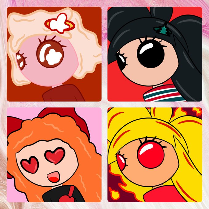 A 2x2 grid of cartoon-style avatars in Powerpuff Girls-inspired style, featuring four characters with large eyes: one with pink skin and brown eyes, one with black hair, one with orange curly hair and heart-shaped eyes, and one with blonde hair.