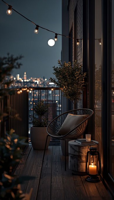 The image shows a balcony with potted plants and a chair, overlooking a city at night. The scene has a peaceful ambiance as there are no people visible. The focus of the image is on the balcony itself, which appears to be empty but inviting. The presence of potted plants adds a touch of nature and life to space. The chair offers a comfortable spot for relaxation or contemplation. The cityscape in the background provides an interesting contrast between urban architecture and natural elements like plants.
