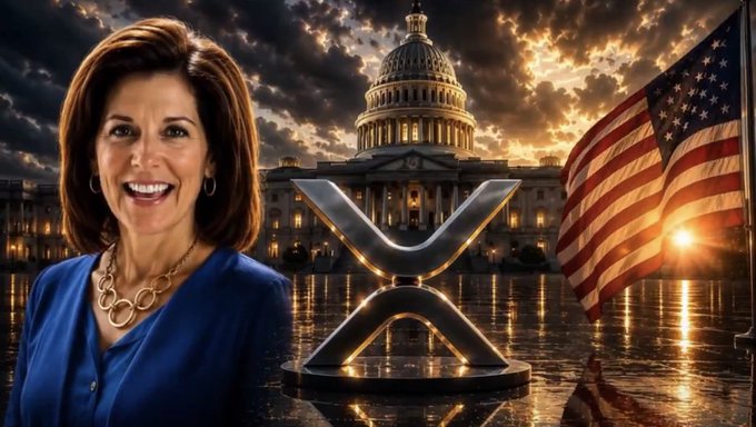 AI-generated image showing a woman in a blue blazer and gold necklace standing in front of the U.S. Capitol building with an American flag and a large metallic XRP (Ripple) logo.