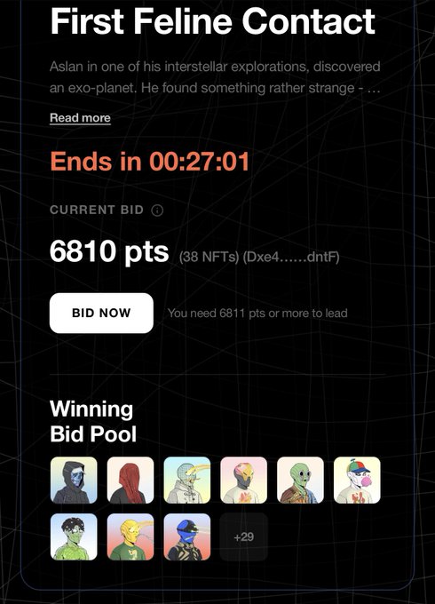An NFT auction interface titled 'First Feline Contact' by Aslan, showing a current bid of 6810 pts with 38 NFTs, a countdown timer, and a 'Winning Bid Pool' displaying character avatars.