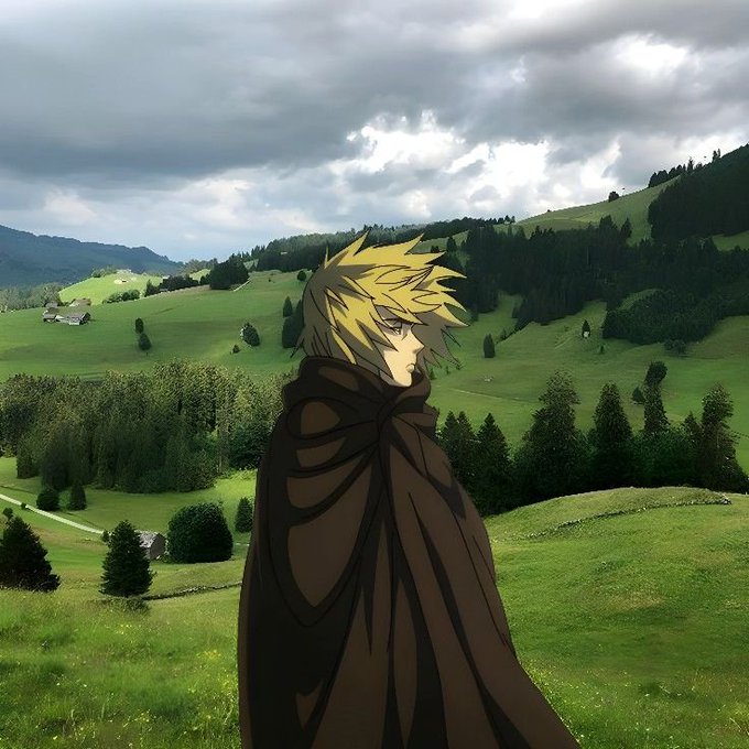 An anime-style character with spiky blonde hair wearing a dark cloak stands against a backdrop of rolling green hills, forests, and a cloudy sky in a mountainous countryside setting.