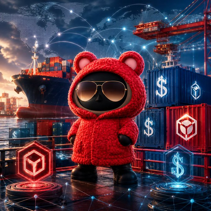 A 3D-rendered character in a red bear hoodie and sunglasses stands at a shipping port with cargo containers displaying dollar signs and crypto symbols, against a backdrop of a world map network.