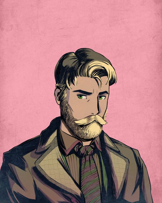 The image depicts a stylized illustrated portrait of a bearded man with a mustache, featuring dark hair with blonde highlights and striking green eyes, dressed in a dark coat with a striped tie against a textured pink background. The artwork visually represents one of the unique character NFTs from the Mad Lads collection on Magic Eden, specifically the character shown in profile.