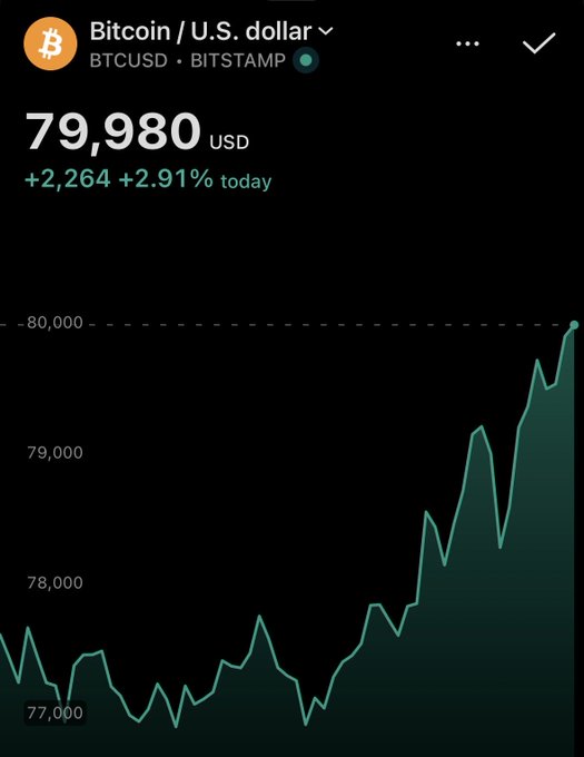 A cryptocurrency chart displays Bitcoin (BTCUSD) on Bitstamp at $79,980 USD, up $2,264 or +2.91% for the day.