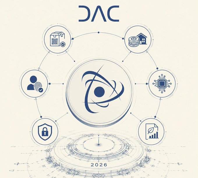 The image displays a stylized blueprint-style graphic featuring a central atom/orbit logo beneath the text "DAC," surrounded by six interconnected circular icons representing data, finance, technology, analytics, security, and identity, all resting on a technical drawing base marked "2026." This visual reinforces the post's theme by illustrating a forward-looking (2026) technological ecosystem where security must evolve to address future threats, with the interconnected nodes symbolizing the complex web of blockchain components that need protection against emerging risks.