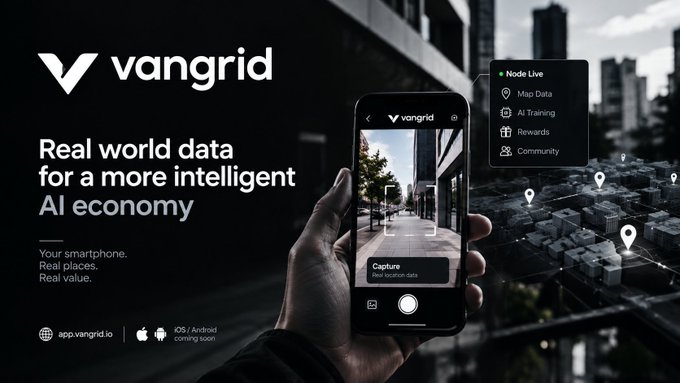 A promotional advertisement for the 'vangrid' app showing a smartphone with AR features overlaid on a city street, with the tagline 'Real world data for a more intelligent AI economy' and iOS/Android release info.