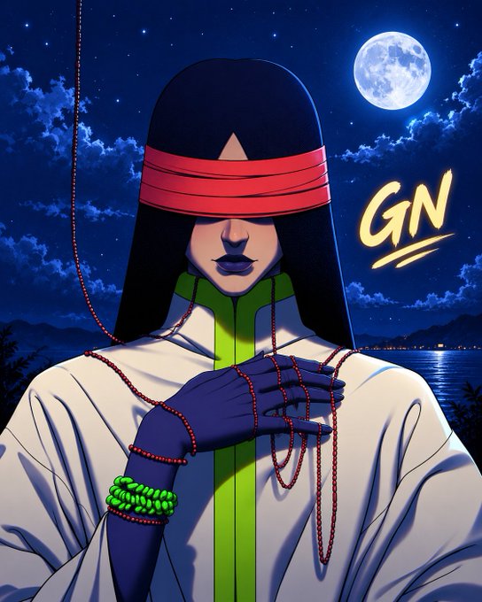 An anime-style illustration of a blindfolded woman holding prayer beads under a full moon, with 'GN' written in yellow text.