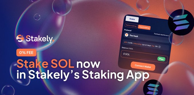 The image features an advertisement for a Staking App called "Stakely" that allows users to stake their SOL tokens directly through a reliable validator, ensuring secure transactions. The app is currently available for free, as indicated by the text on the image.