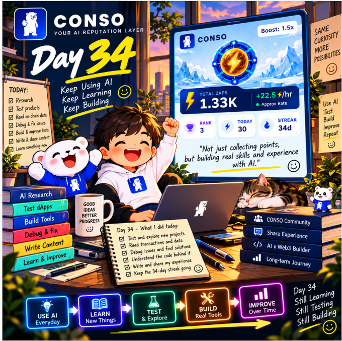 A colorful 'Day 34' progress infographic for 'CONSO' (Your AI Reputation Layer), showing a chibi character celebrating with stats like 'TOTAL LAPS 1.33K' and '+22.5 /hr'.