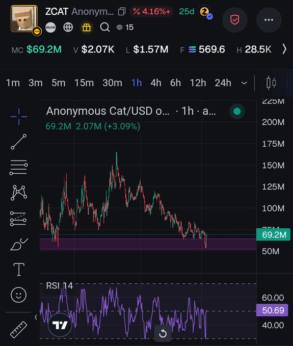 A TradingView chart showing ZCAT (Anonymous Cat) token at $2.07K with a market cap of $69.2M, down 4.16% over 25 days, displaying a 1-hour candlestick chart and RSI indicator at 50.69.
