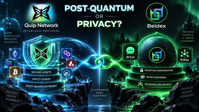 A promotional graphic titled 'POST-QUANTUM OR PRIVACY?' comparing Quip Network (Interlock Protocol) and Beldex, with features like Secure Assets, BChat, and BelNet, framed by two interconnected shields.