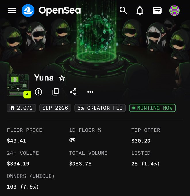 The image shows the OpenSea NFT collection page for "Yuna," a Sep 2026 mint with 2,072 items, displaying a floor price of $49.41 and a top offer of $30.23, which aligns with the post highlighting the free mint opportunity and the $30 offer against a $50 floor price.