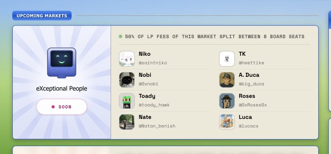 A digital interface displaying an 'UPCOMING MARKETS' section featuring 'eXceptional People' with eight board seats listed, including names like Niko, Nobi, Toady, Nate, TK, A. Duca, Roses, and Luca.
