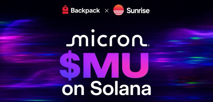 The image shows an advertisement for SpaceX, with two lines of text. The first line reads "SpaceX was just the beginning" which refers to the beginning of the space race with the launch of the satellite. The second line states that "Micron $MU is now live on Solana via @Backpack + @sunrisedefi You can hold a real Micron share as a token, trade it any hour of any day, and send it straight back to your brokerage whenever you want No market hours, no middlemen". The background of the advertisement features purple and blue colors. It is positioned directly below the text with a black border at the bottom. This layout makes the text stand out against the vibrant background while maintaining readability for viewers.