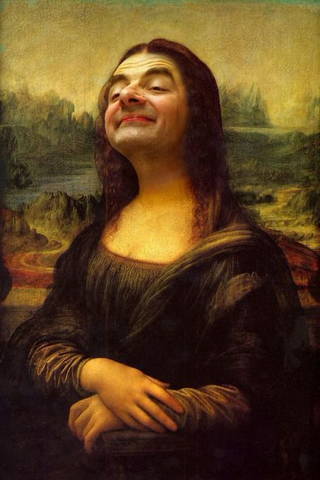 A parody painting of the Mona Lisa with a Mr. Bean face, smiling with closed eyes.