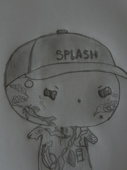 A pencil sketch of a cartoonish character wearing a cap labeled 'SPLASH', featuring tattoo-like designs and rectangular eyes.