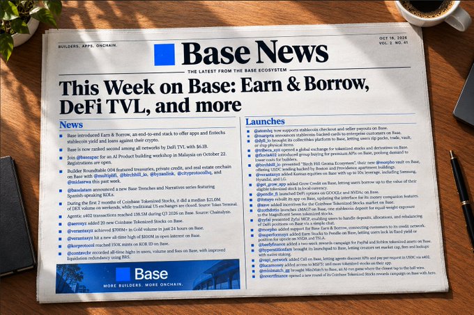 A mock newspaper titled 'Base News' with the headline 'This Week on Base: Earn & Borrow, DeFi TVL, and more' lies on a wooden desk, dated 'OCT 18, 2025'.